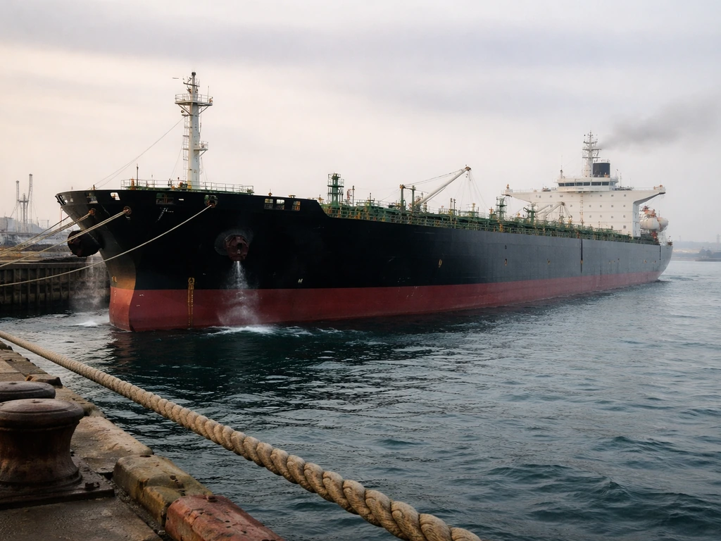 Oil tanker docked at a coastal port berth with cranes and harbor water in the background