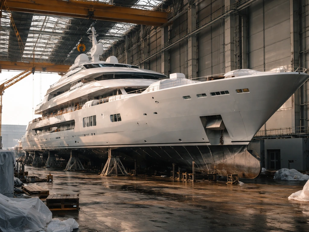 Mega-yacht under construction in a shipyard with cranes and steel hull in the background