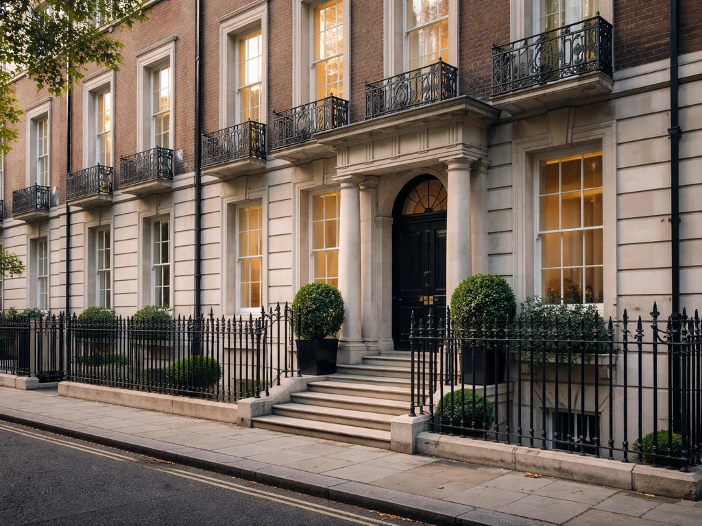Luxury Chelsea townhouse exterior with brick facade and wrought-iron entry railing, no people.