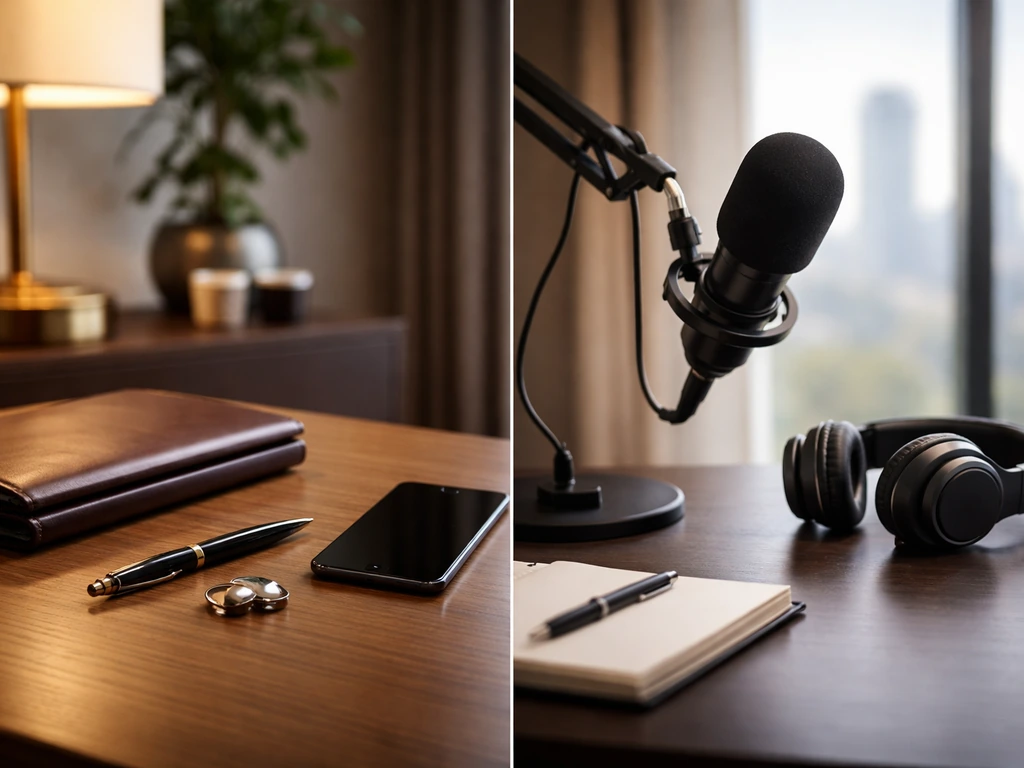 Two adjacent office/media desk scenes with pen, folio, microphone, and headphones—symbolizing two identities.