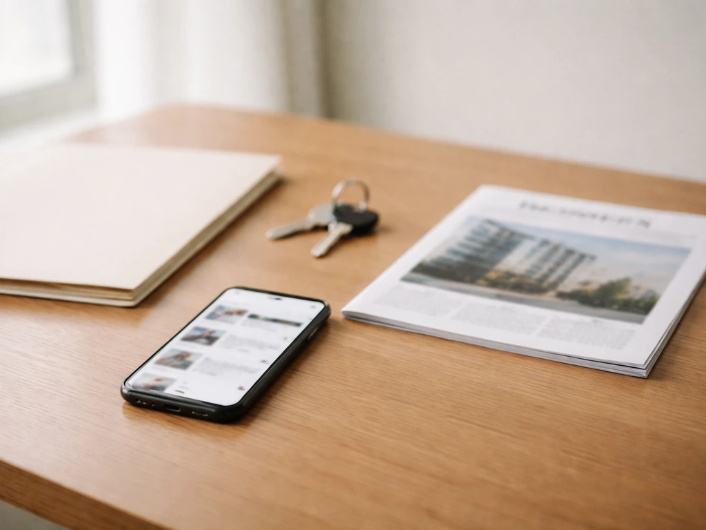 Minimal desk scene with phone showing blurred property listings and a business magazine on the side