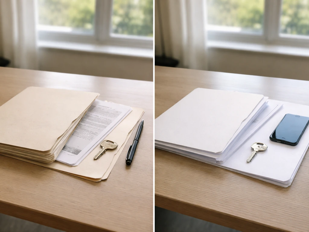 Split view of a quiet office desk with old property file folder on one side and newer valuation papers on the other.