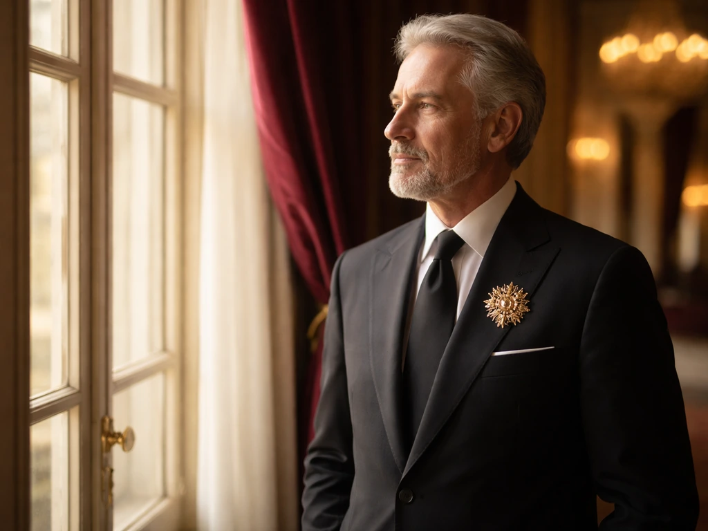 Anonymous royal-like man in a dark suit with a subtle brooch in a warm palace interior.