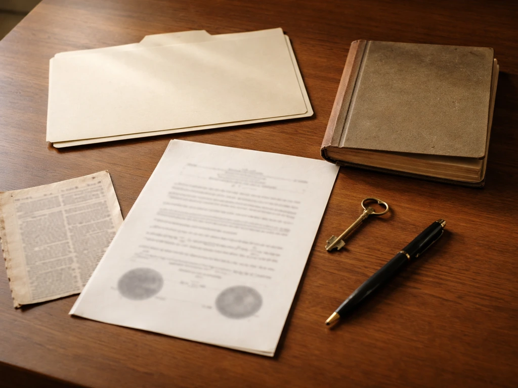 Minimal desk scene with estate-related documents and a newspaper clipping suggesting public records