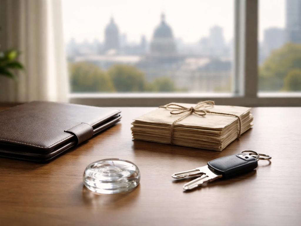 Minimal photo of a banker’s desk with layered items suggesting trusts, real estate, and investments