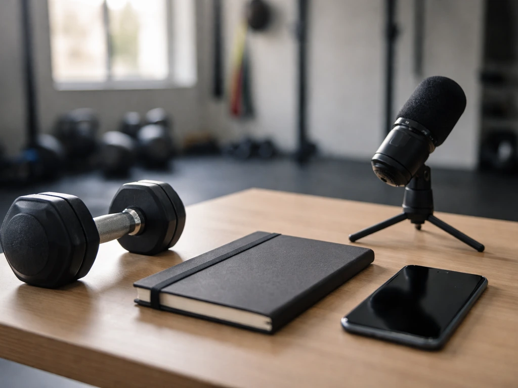 Minimal gym studio desk with dumbbell, notebook, and microphone suggesting fitness and public-profile analysis