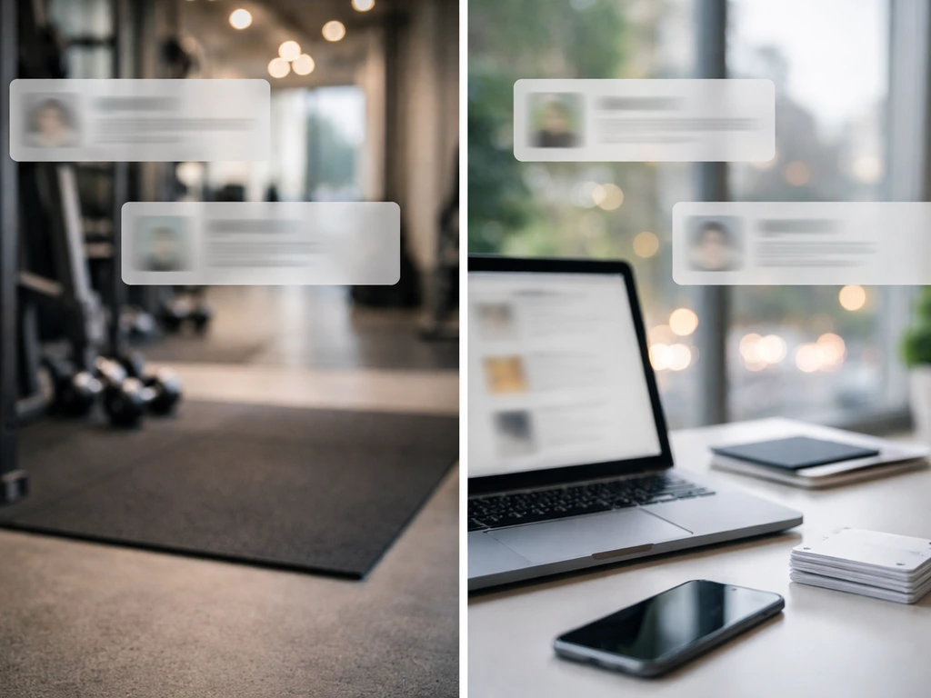 Split-screen style photo showing blurred search results: a fitness studio door on one side, a finance desk on the other.
