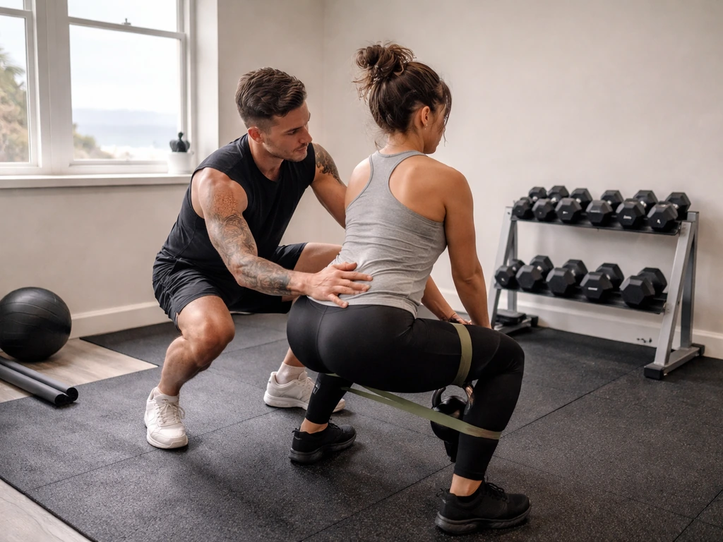 Personal trainer coaching an anonymous client in a bright Brighton-style studio with training equipment.