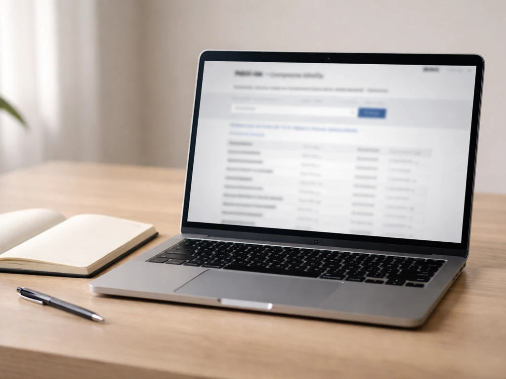 Laptop showing a blurred Companies House-style records search, with a notebook and pen nearby