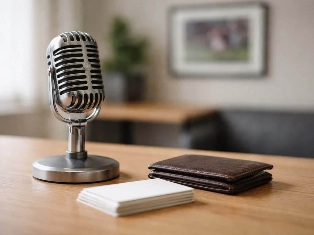 Minimal photo of a vintage press microphone and a wallet on a desk, symbolizing verified net worth research.