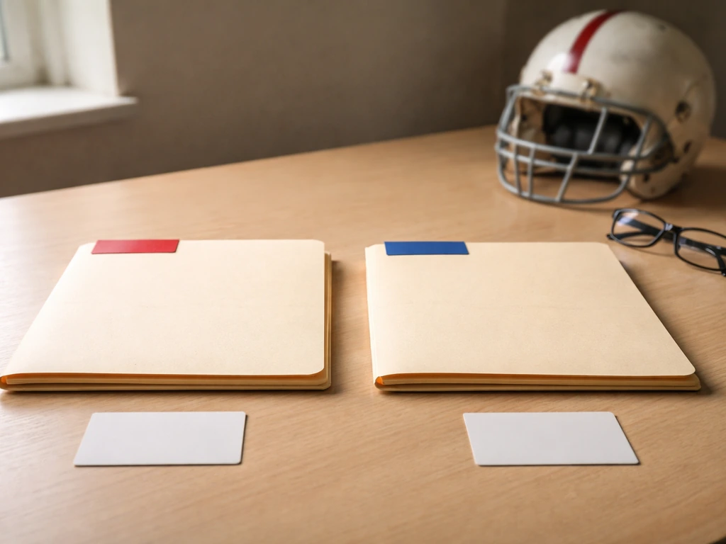 Minimal desk scene with two color-tab folders, blank ID cards, and a football helmet for identity comparison.