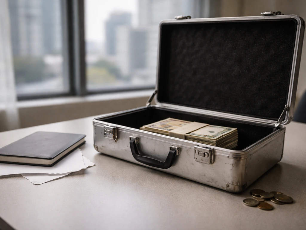 Open briefcase with generic money on a desk, blurred city background, symbolizing uncertain net-worth reporting