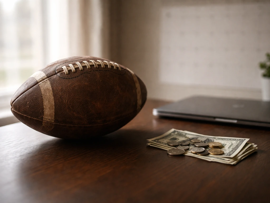 Minimal desk scene with a football, coins, and folded bills suggesting NFL earnings and career longevity.