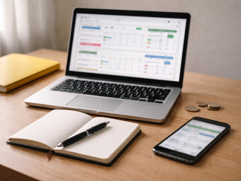 Minimal desk scene with a laptop open to sports stats and a notebook for verifying an estimate