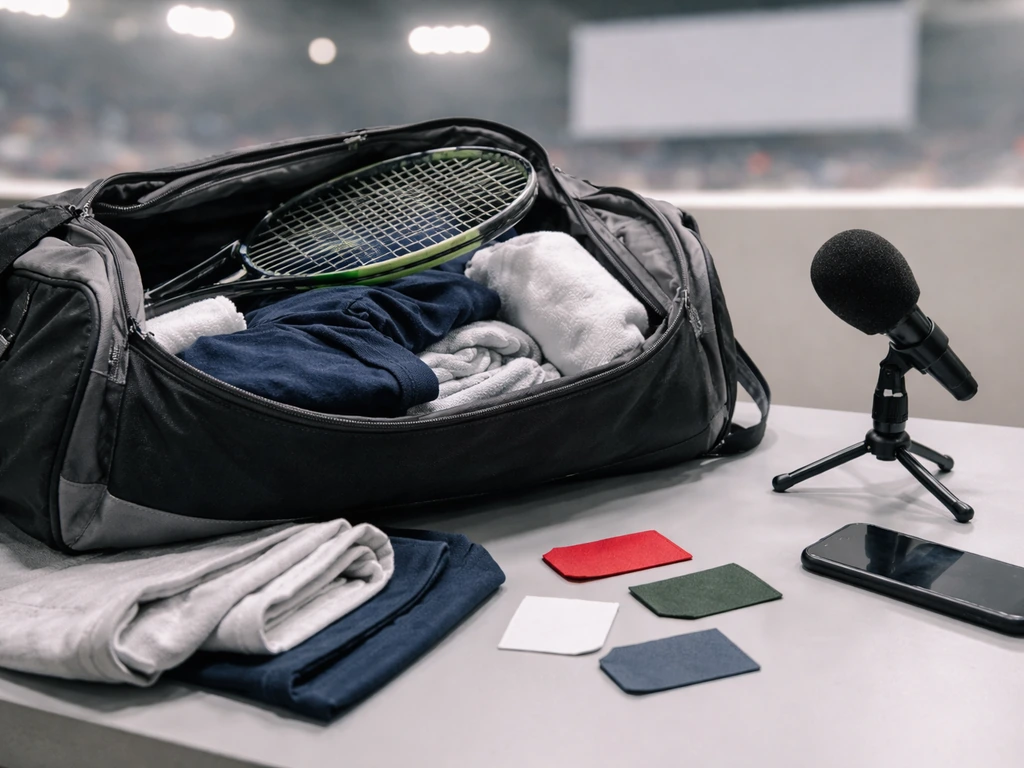 Minimal tennis sponsorship scene with blurred brand patches and a sleek sponsor-branded racket bag, no people.