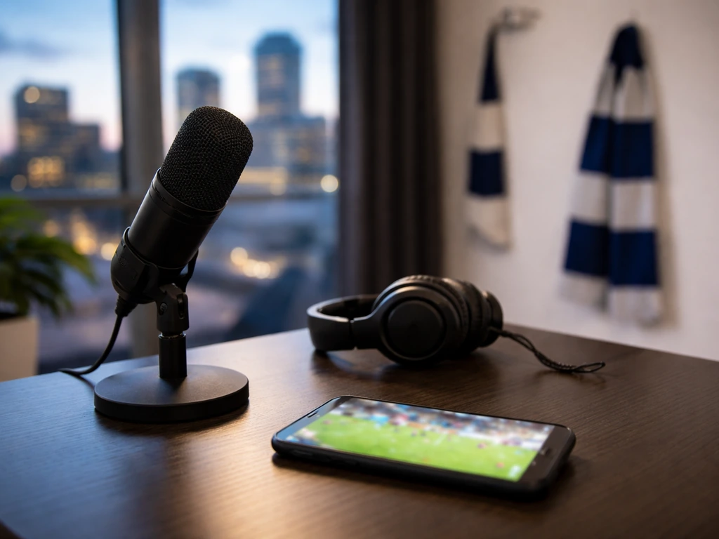 Minimal office desk scene with microphone, headphones, blurred sports phone, and football scarf in background.