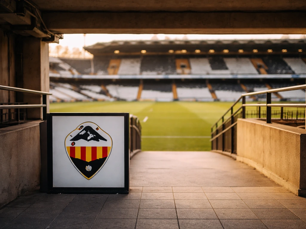 CD Castellón crest on a banner near an empty stadium entrance, warm light and minimal background.