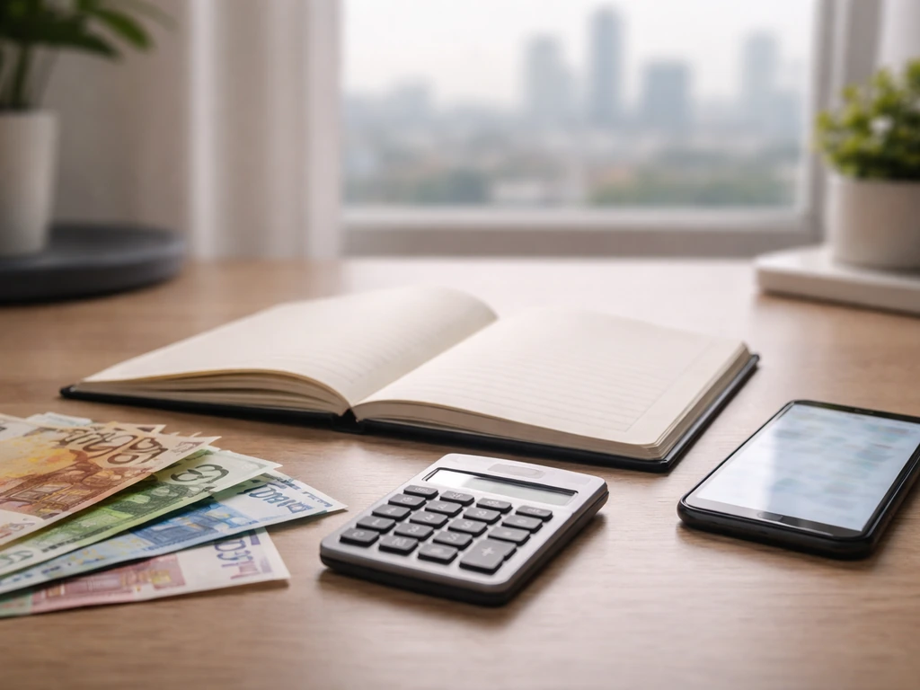 Minimal office desk with a calculator, scattered euro notes, and a smartphone showing investment documents without reada