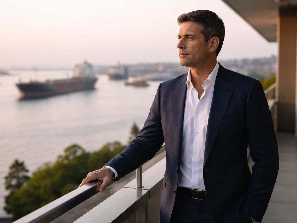 Greek shipping executive in a navy suit overlooking a harbor at golden hour