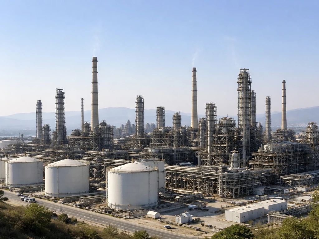 Oil refinery at Corinth with tall smokestacks and refinery units under a clear sky