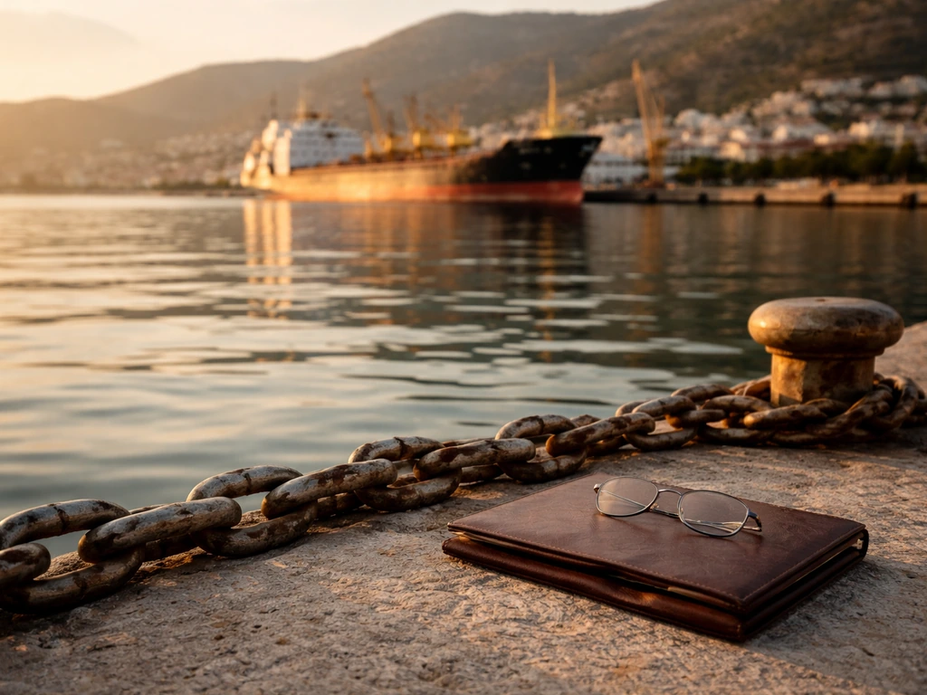 Golden-hour Greek harbor scene with cargo ship, maritime hardware, and a closed folder for business context.