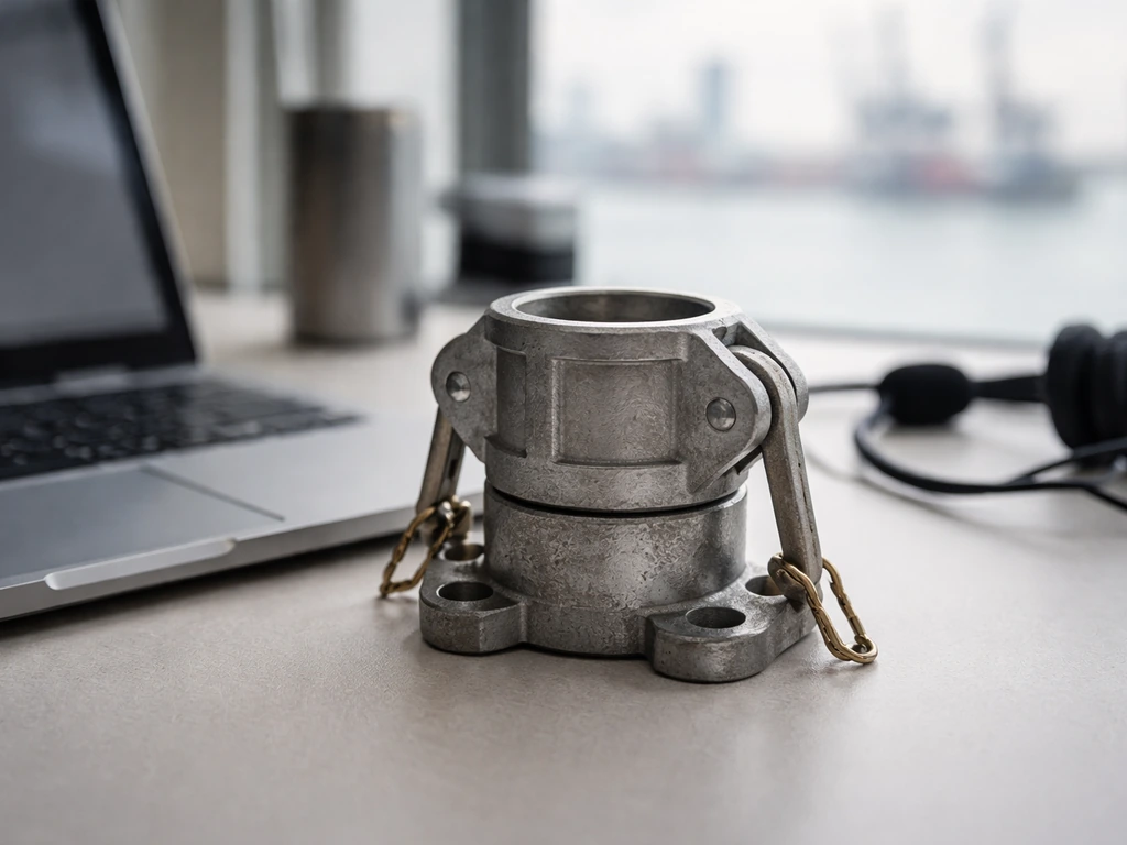 Close-up of a maritime shipping equipment component on a desk beside a laptop and headset