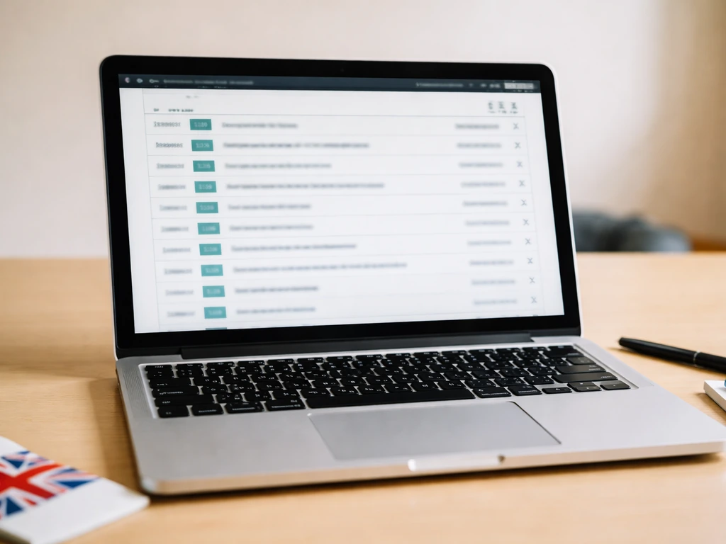 Close-up of a laptop showing a UK business records webpage-like filing list for a fictional company