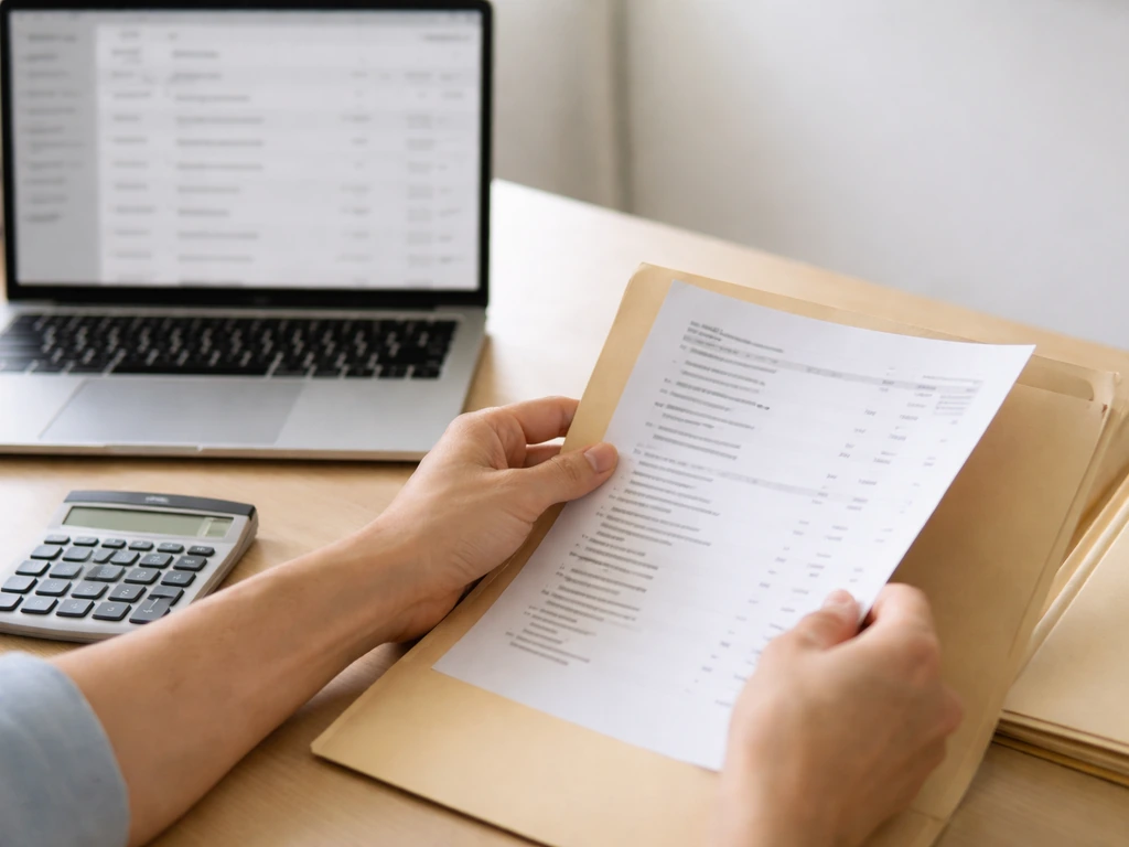 Hands filing printed annual accounts near a laptop showing a blurred document list, symbolizing updating a private net w