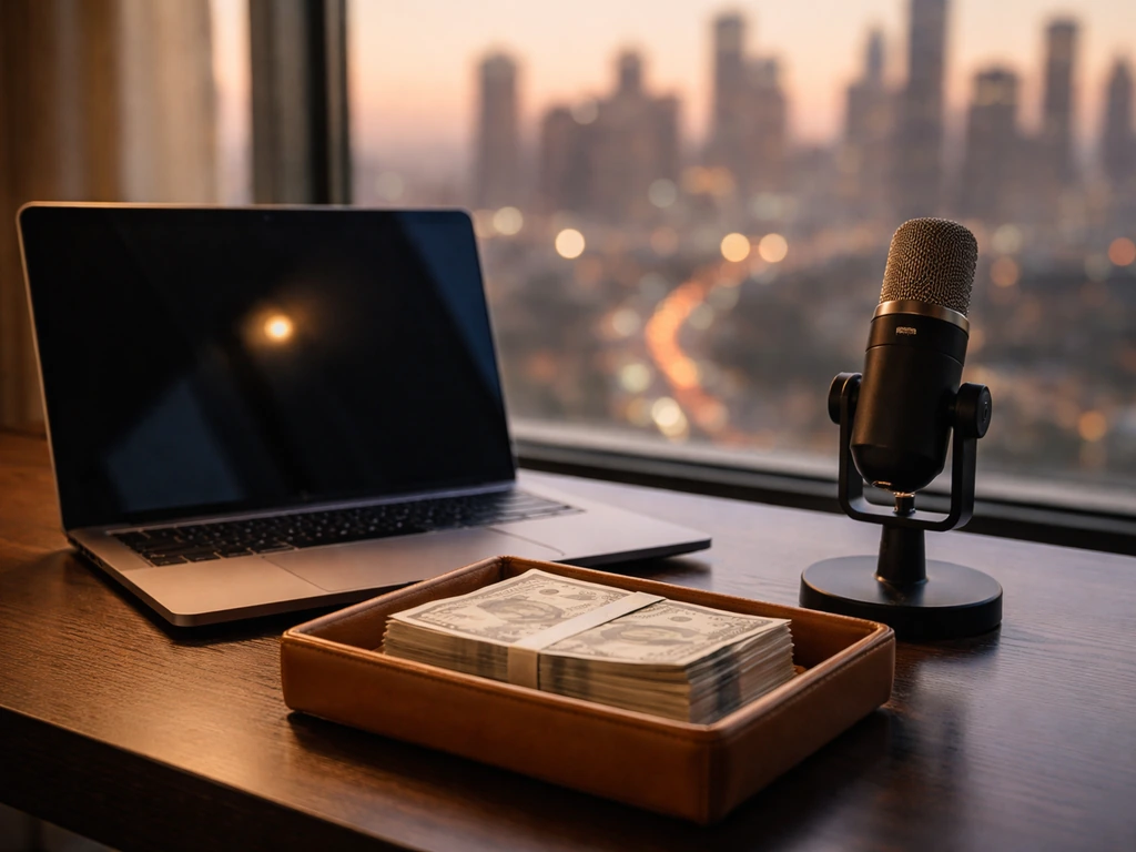 Minimal studio and finance-themed desk scene with microphone, cash, laptop, and city skyline window bokeh.