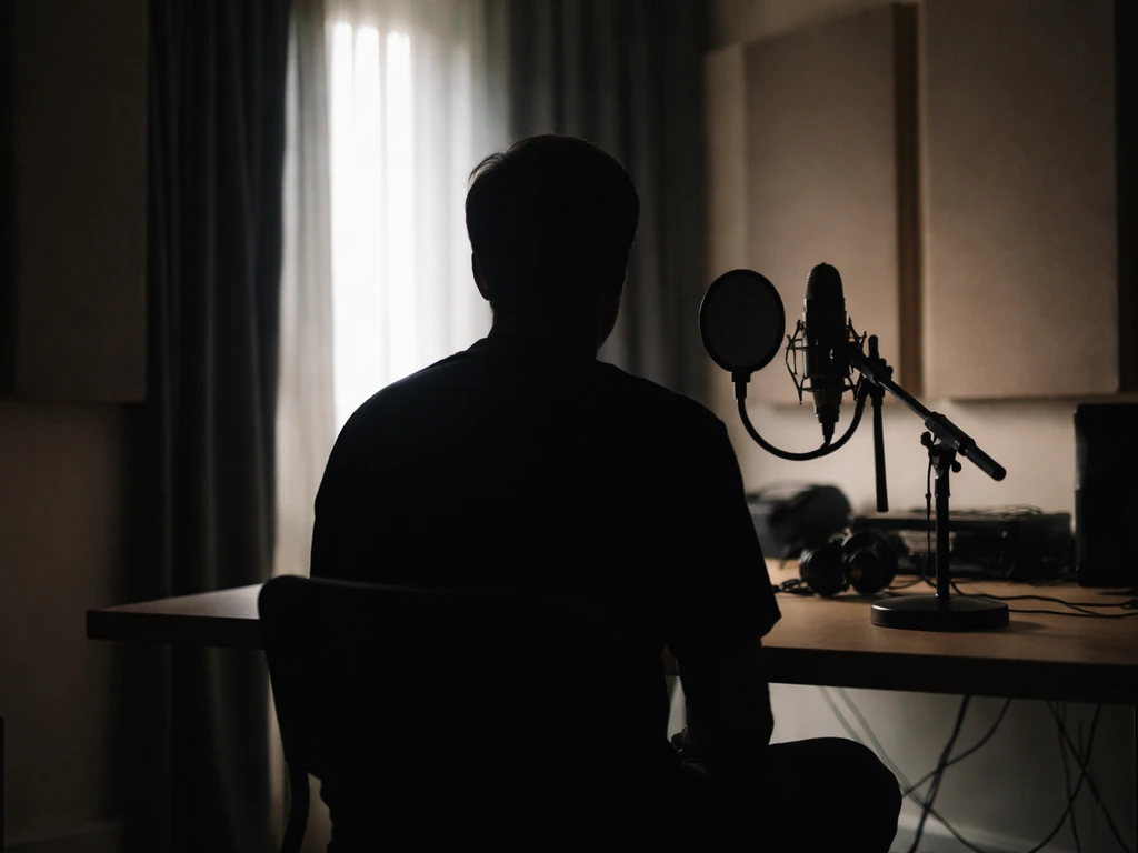Minimal media-studio scene with an actress-like silhouette and studio microphone, symbolizing Grecia Colmenares’ acting