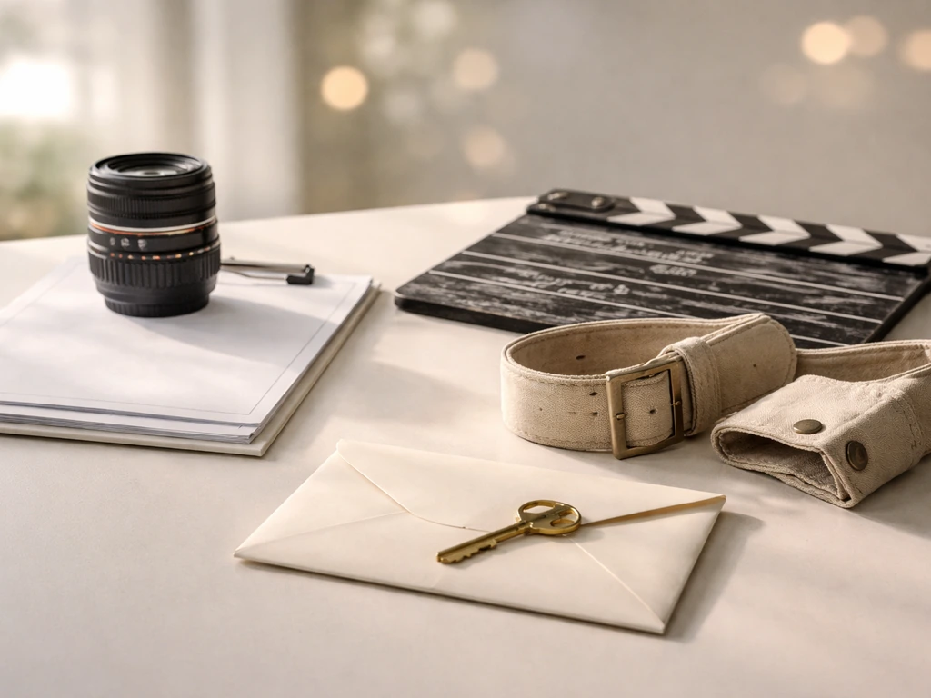 Minimal studio desk with a vintage camera lens, clapperboard, costume accessories, and a golden key.