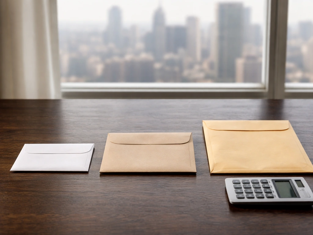 Three different-sized envelopes and a calculator on a desk with a blurred city view outside the window.