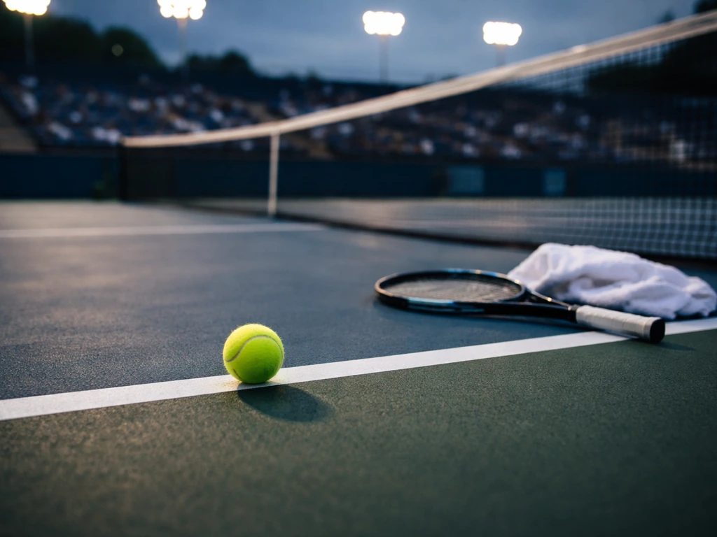 Tennis ball and racket on a major tournament court, symbolizing pro earnings and match-day spotlight.