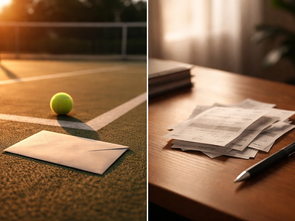Tennis court scene with a tennis ball and money envelope symbolizing prize money after deductions