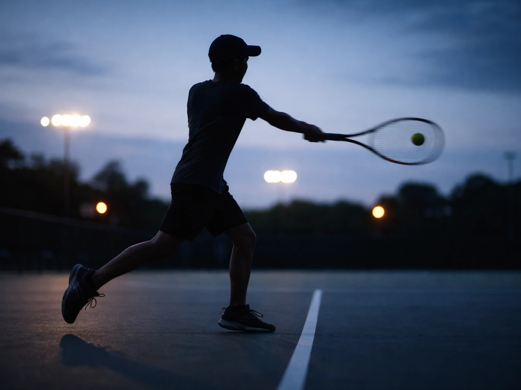 Tennis player silhouette on a court at dusk, symbolizing early career momentum and rising visibility