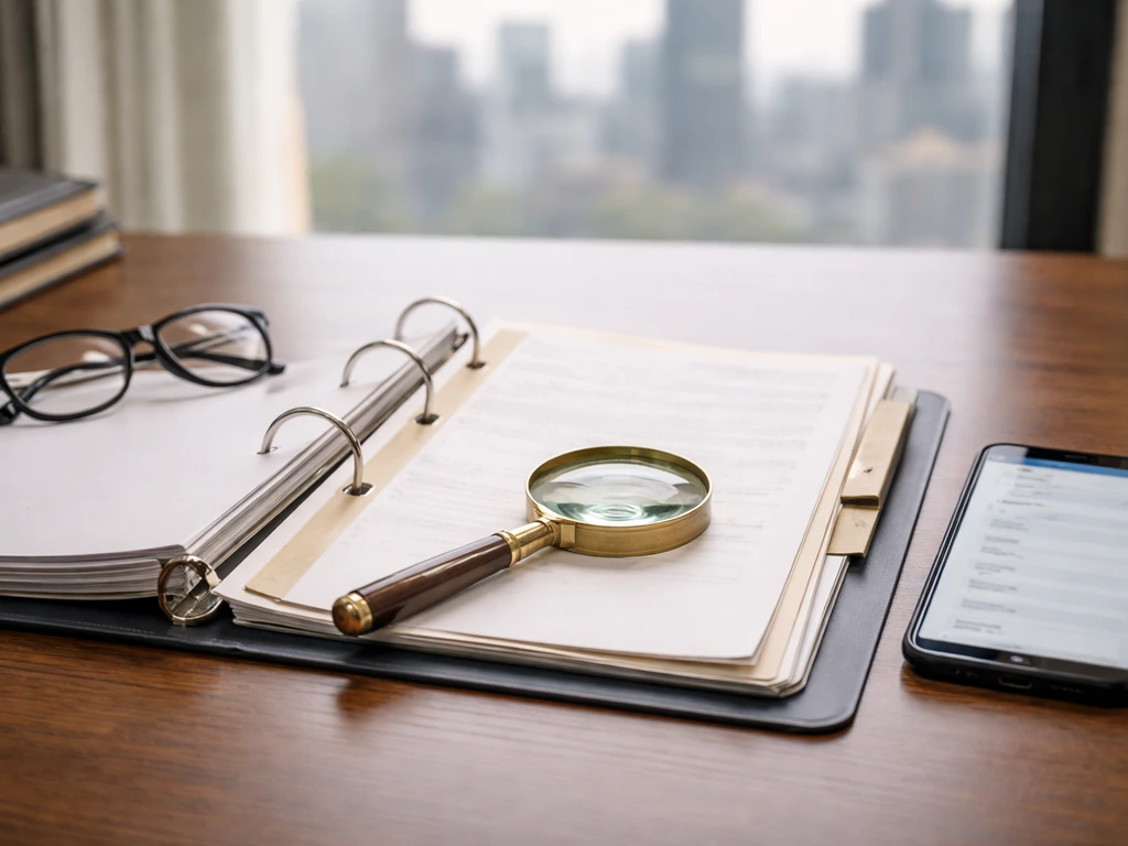 Close-up of paperwork and a smartphone beside a legal-looking binder in a softly lit office