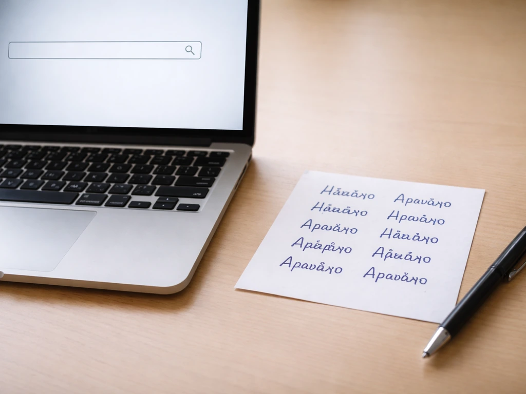 Close-up of an open laptop showing a blank search input with several handwritten name spellings on paper.
