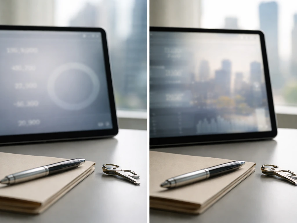 Minimal office desk shot with a tablet implying percentage stake applied to enterprise value, no readable text.