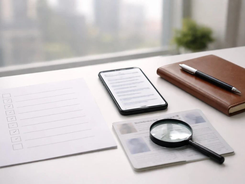 Printed blank checklist, magnifying glass, blurred phone search screen on a tidy desk for validation workflow.