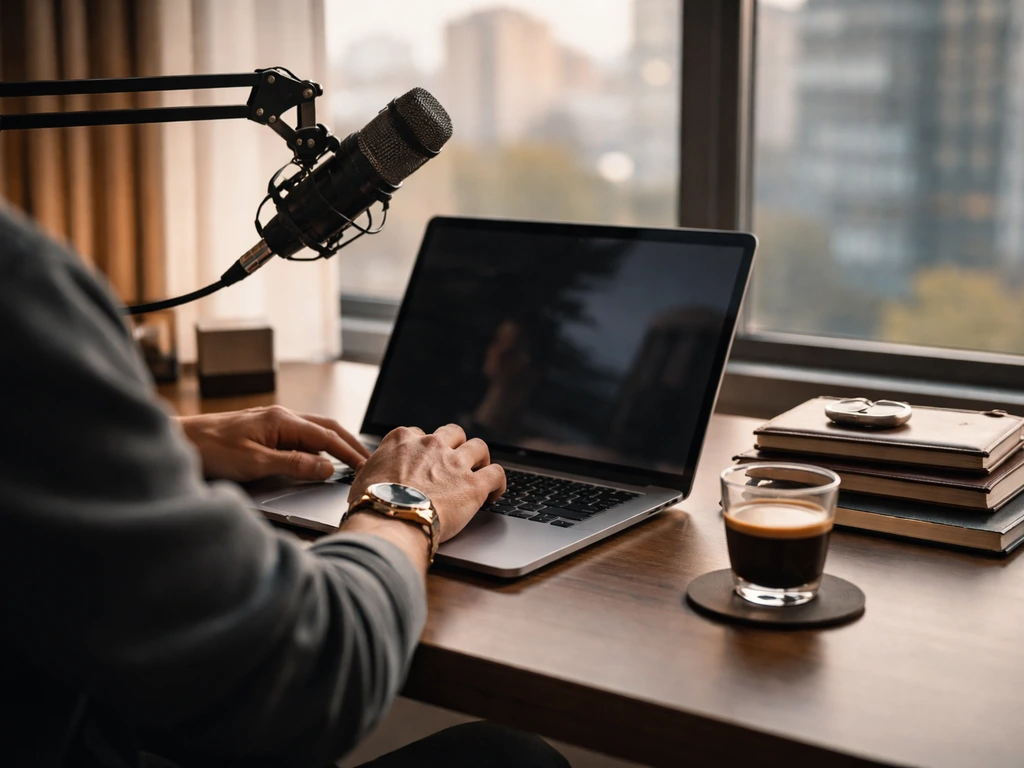 Anonymous tech founder’s workspace in a Silicon Valley setting with laptop, microphone, and city view