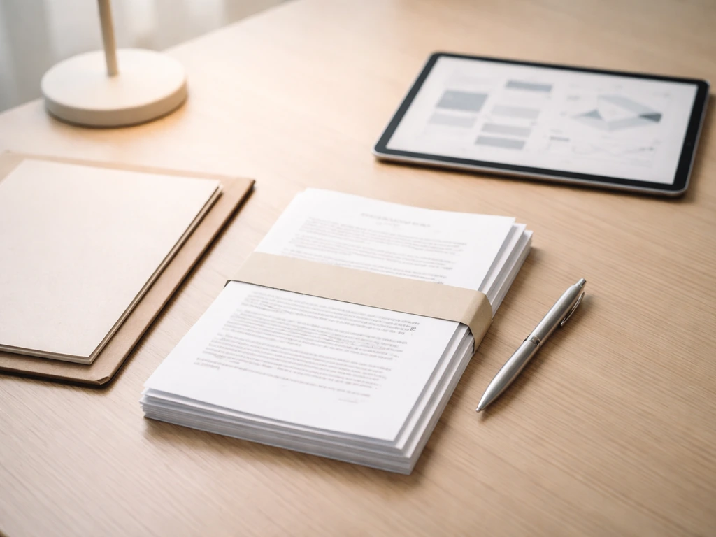 Minimal desk scene with deal documents, an NDA-style packet, and a tablet showing a business pitch workflow