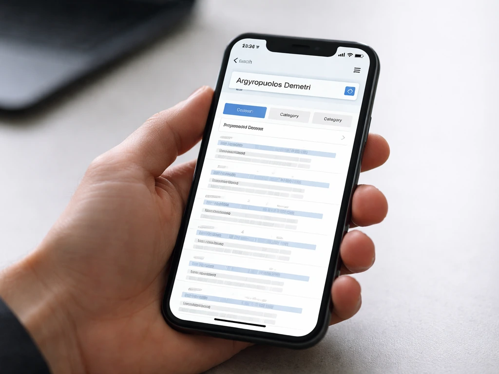 Hand holding a phone showing a blank SEC-style search page mockup with highlighted results categories