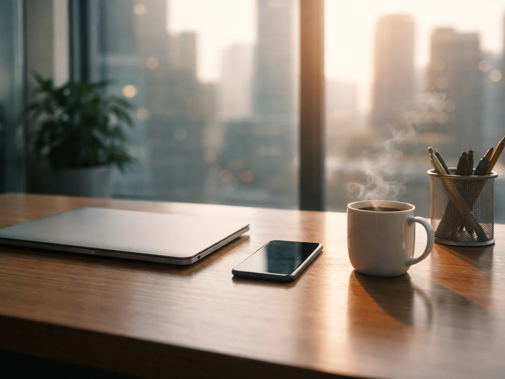 Minimal VC office desk with laptop and coffee under morning light, city bokeh in the background