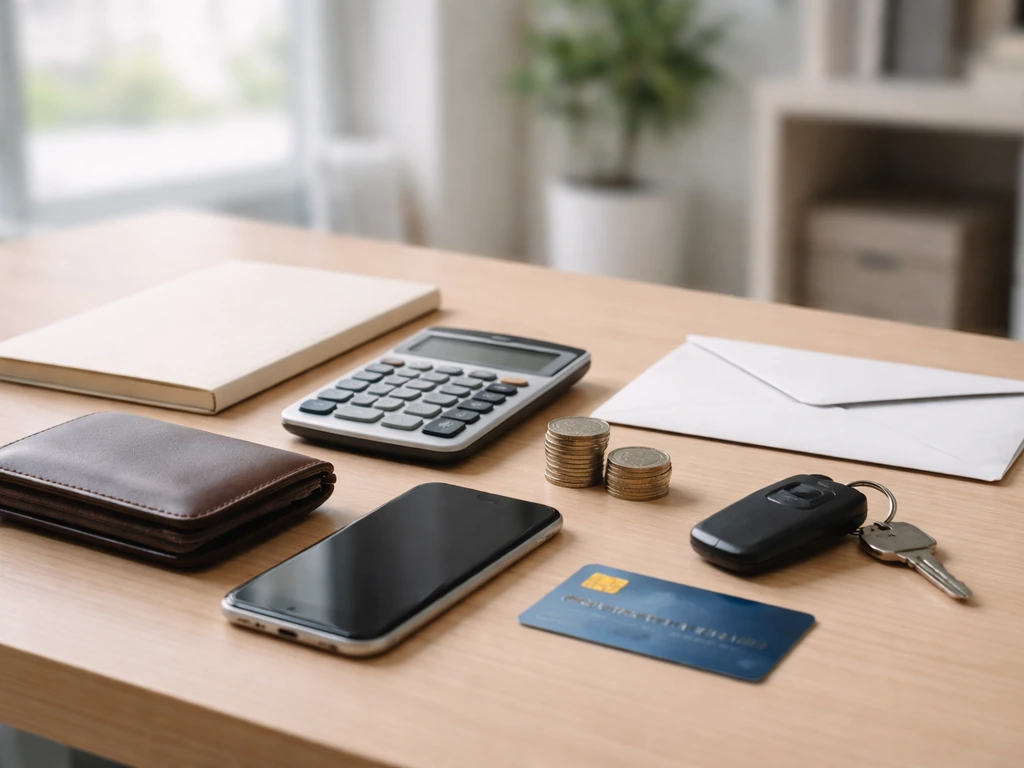 Clean desk scene with a calculator and wallet beside a notebook, illustrating assets minus liabilities concept