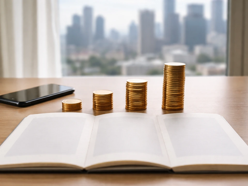 Minimal desk scene with three coin stacks suggesting low, medium, and high net-worth scenarios.