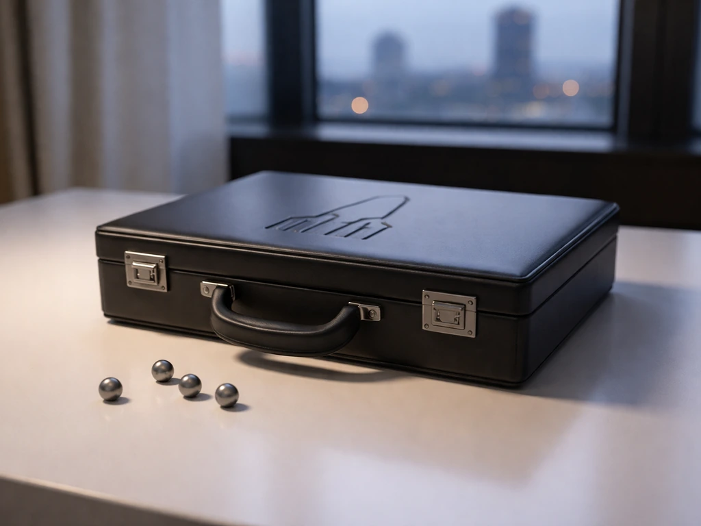 Minimal scene of a sleek rocket-themed briefcase on a desk beside scattered seed-like tokens, symbolizing startup equity