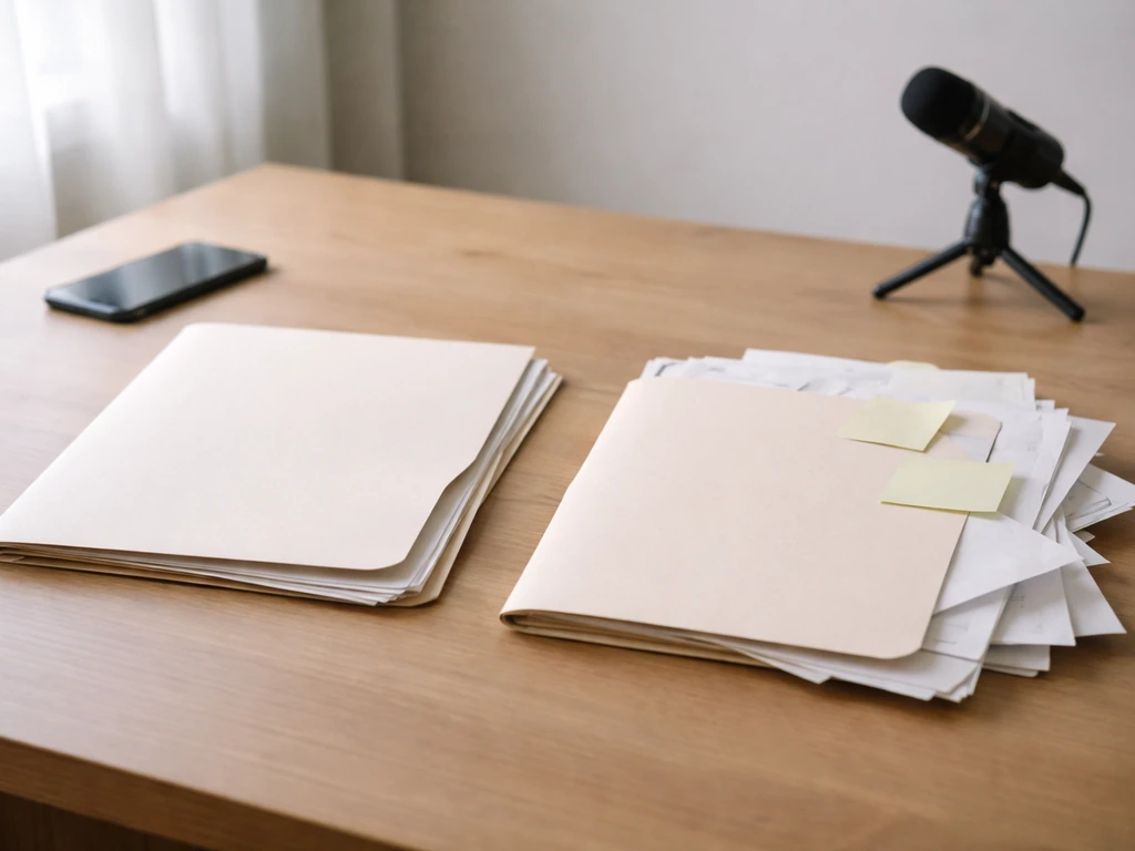 Desk scene with two folders and scattered papers, symbolizing verifiable evidence vs speculation.