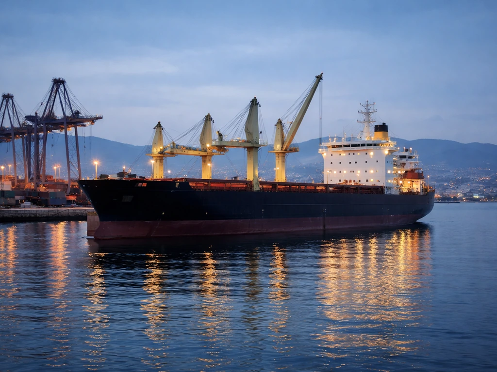 Dry bulk shipping scene at dusk with cargo vessels and financial-business mood, symbolizing wealth analysis