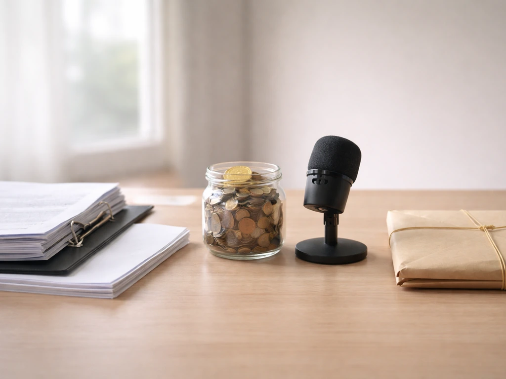 Minimal desk photo with documents, coins, and a bundled envelope symbolizing assets minus liabilities.
