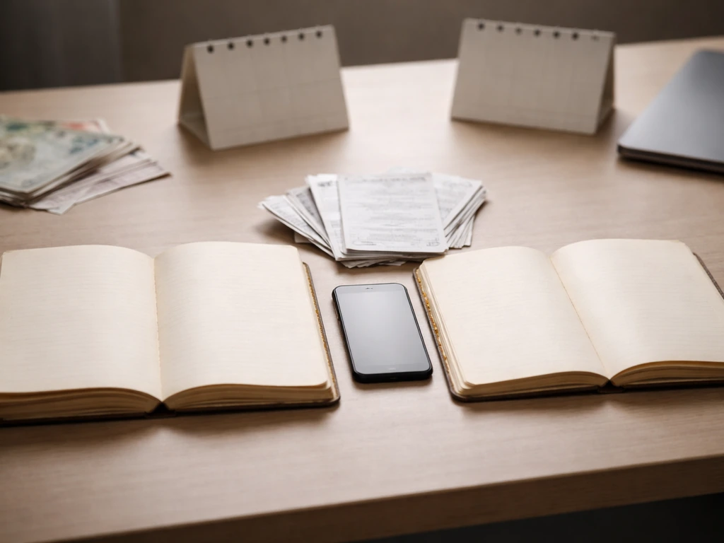Desk with two notebooks, papers, and a phone suggesting different outdated money-number sources.